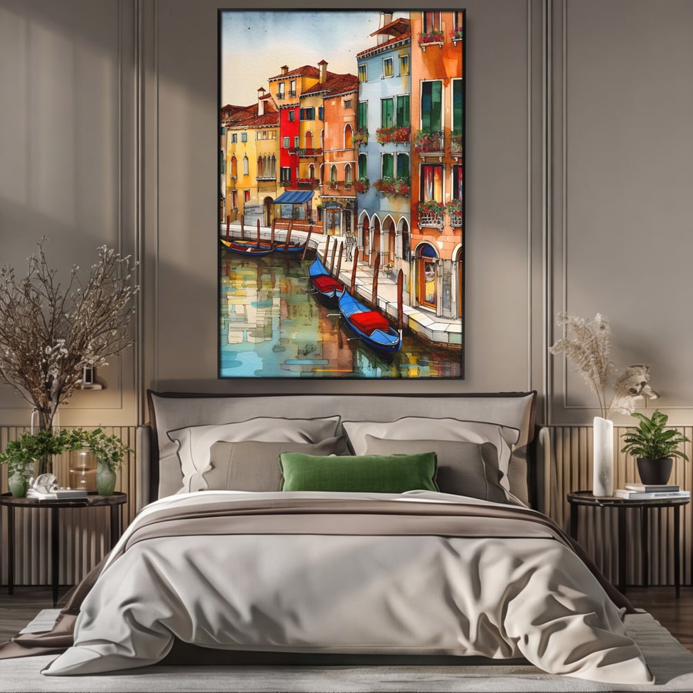 Tablou canvas cu pictura cu canal din venetia si gondole, in rama de aluminiu negru, pe perete intr-un dormitor